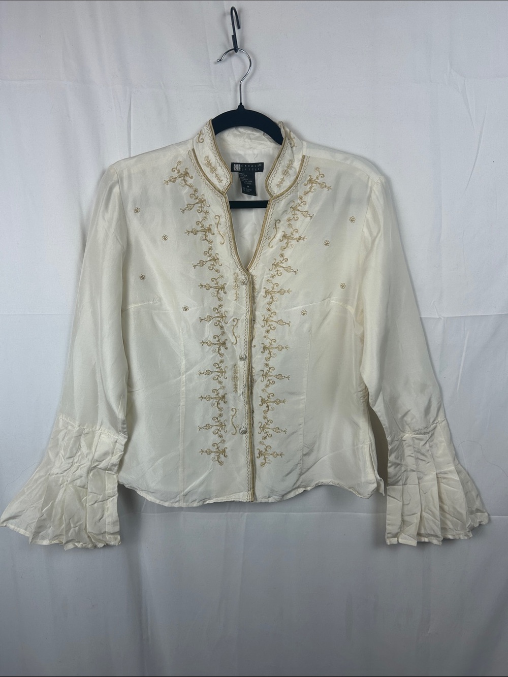 Carole Little Cream Silk Blouse with Gold Embroidery